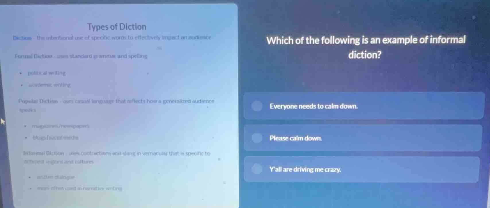 types of diction diction: the intentional use of specific words to effe…