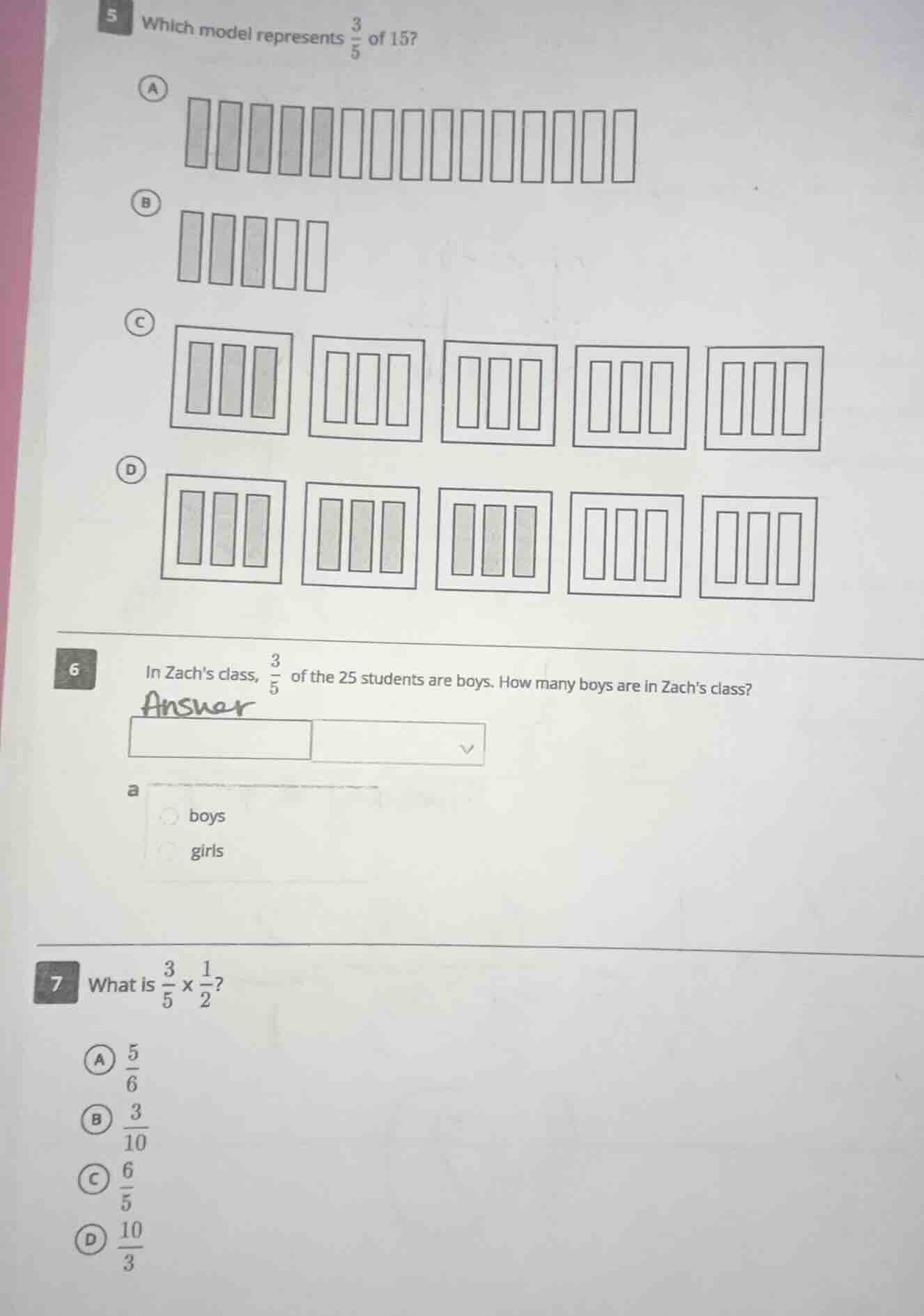 5 which model represents \\(\\frac{3}{5}\\) of 15? a image of 15 rectan…