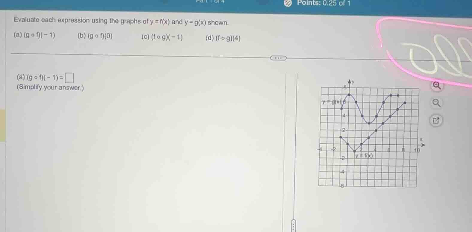 evaluate each expression using the graphs of y = f(x) and y = g(x) show…