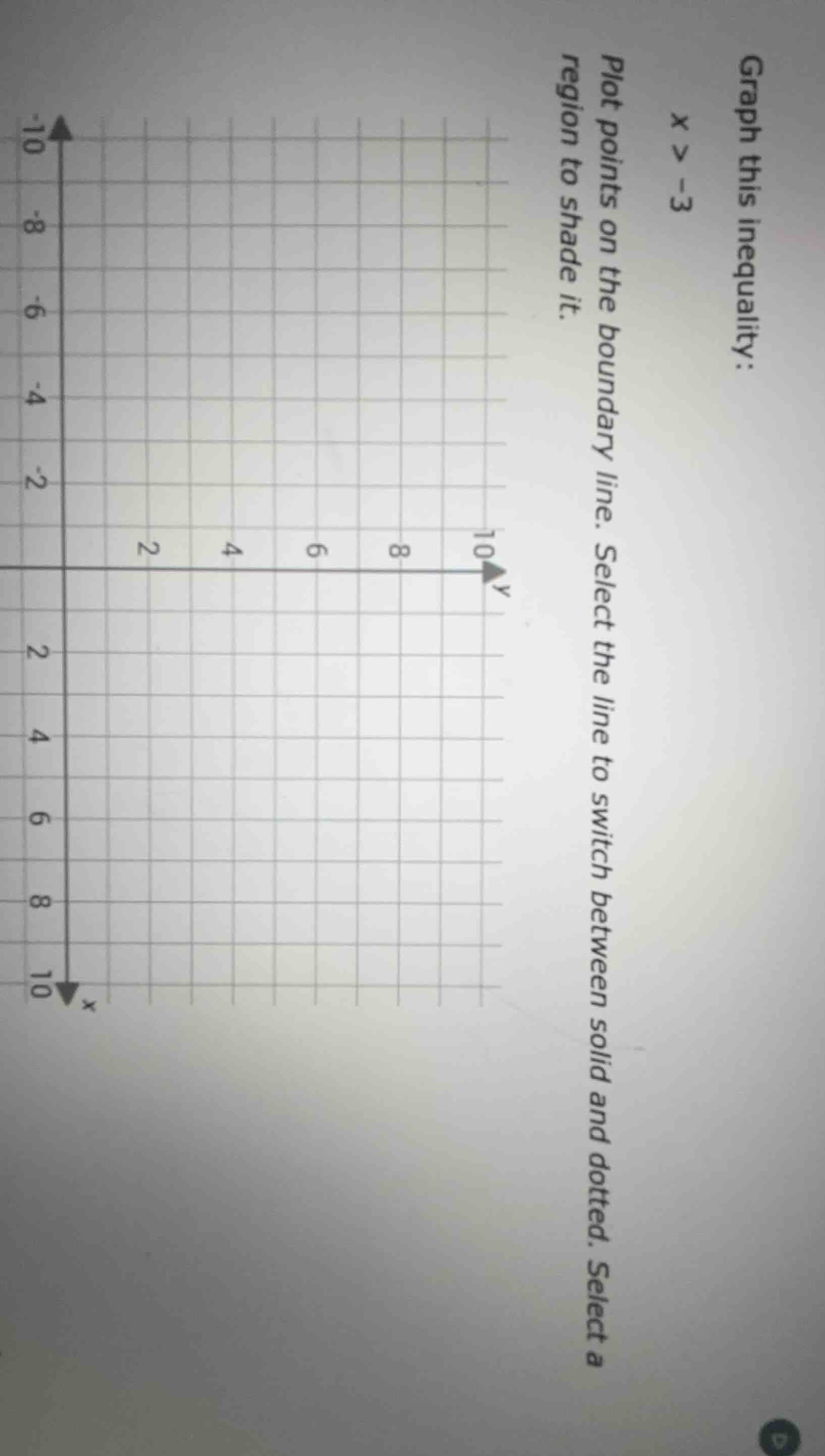 graph this inequality: $x > -3$ plot points on the boundary line. selec…