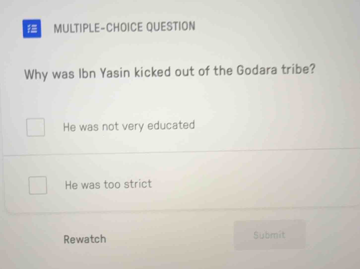 multiple-choice question why was ibn yasin kicked out of the godara tri…
