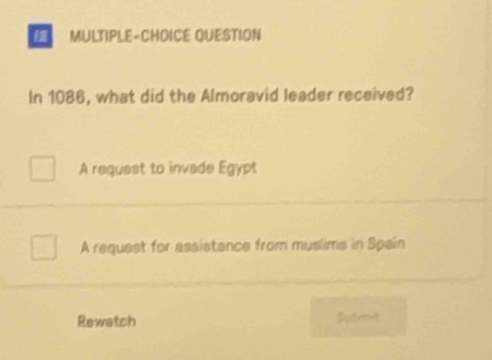 multiple-choice question in 1086, what did the almoravid leader receive…