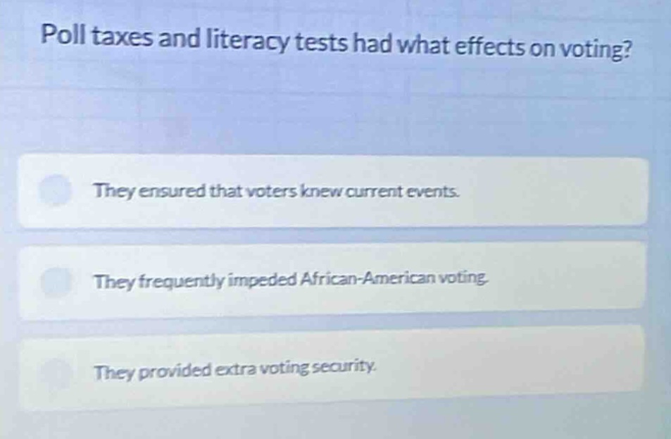 poll taxes and literacy tests had what effects on voting? they ensured …