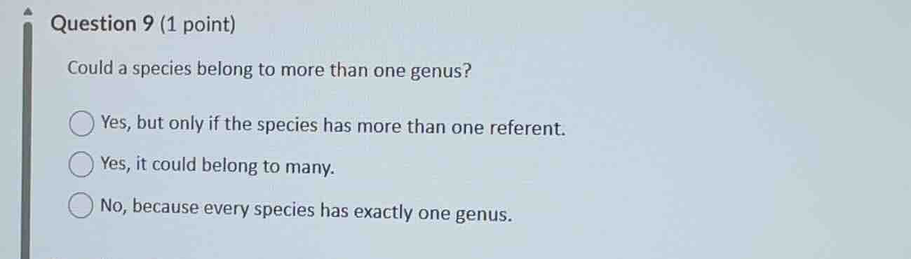 question 9 (1 point) could a species belong to more than one genus? yes…