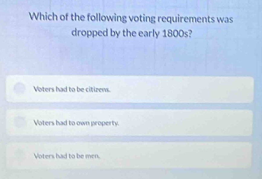 which of the following voting requirements was dropped by the early 180…