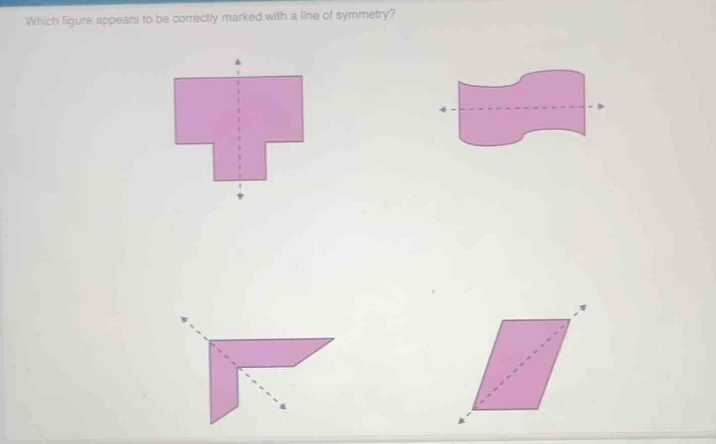 which figure appears to be correctly marked with a line of symmetry? fo…
