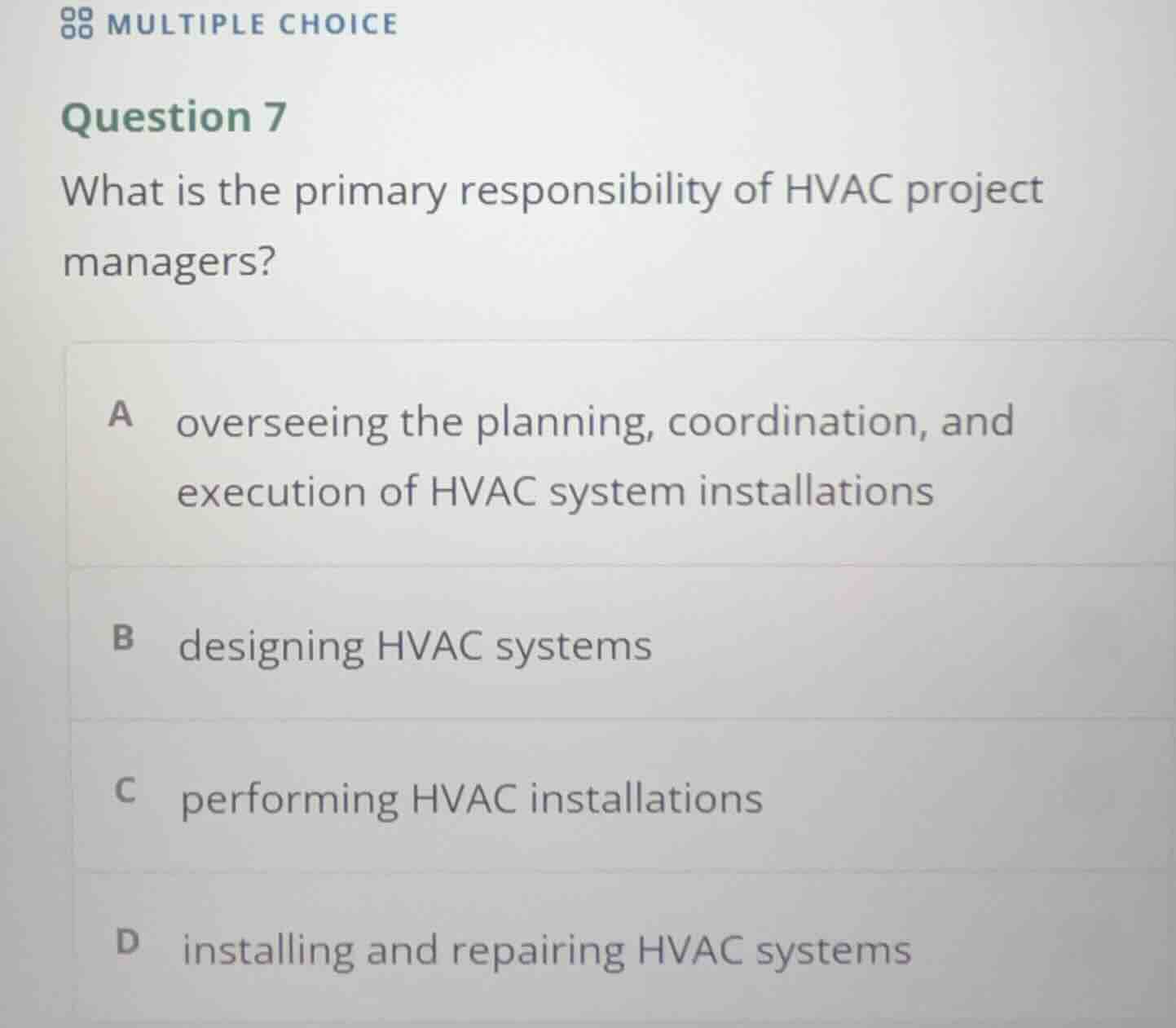 multiple choice question 7 what is the primary responsibility of hvac p…