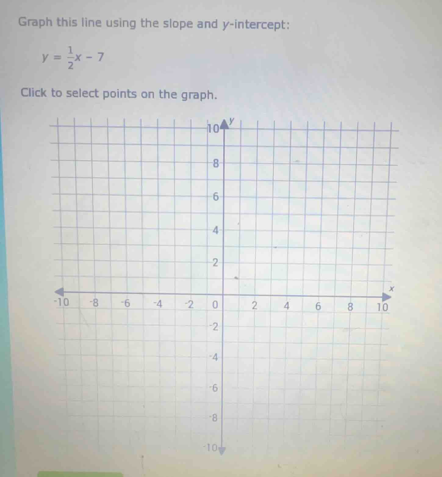 graph this line using the slope and y-intercept: $y = \\frac{1}{2}x - 7…