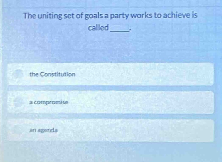 the uniting set of goals a party works to achieve is called _____. the …