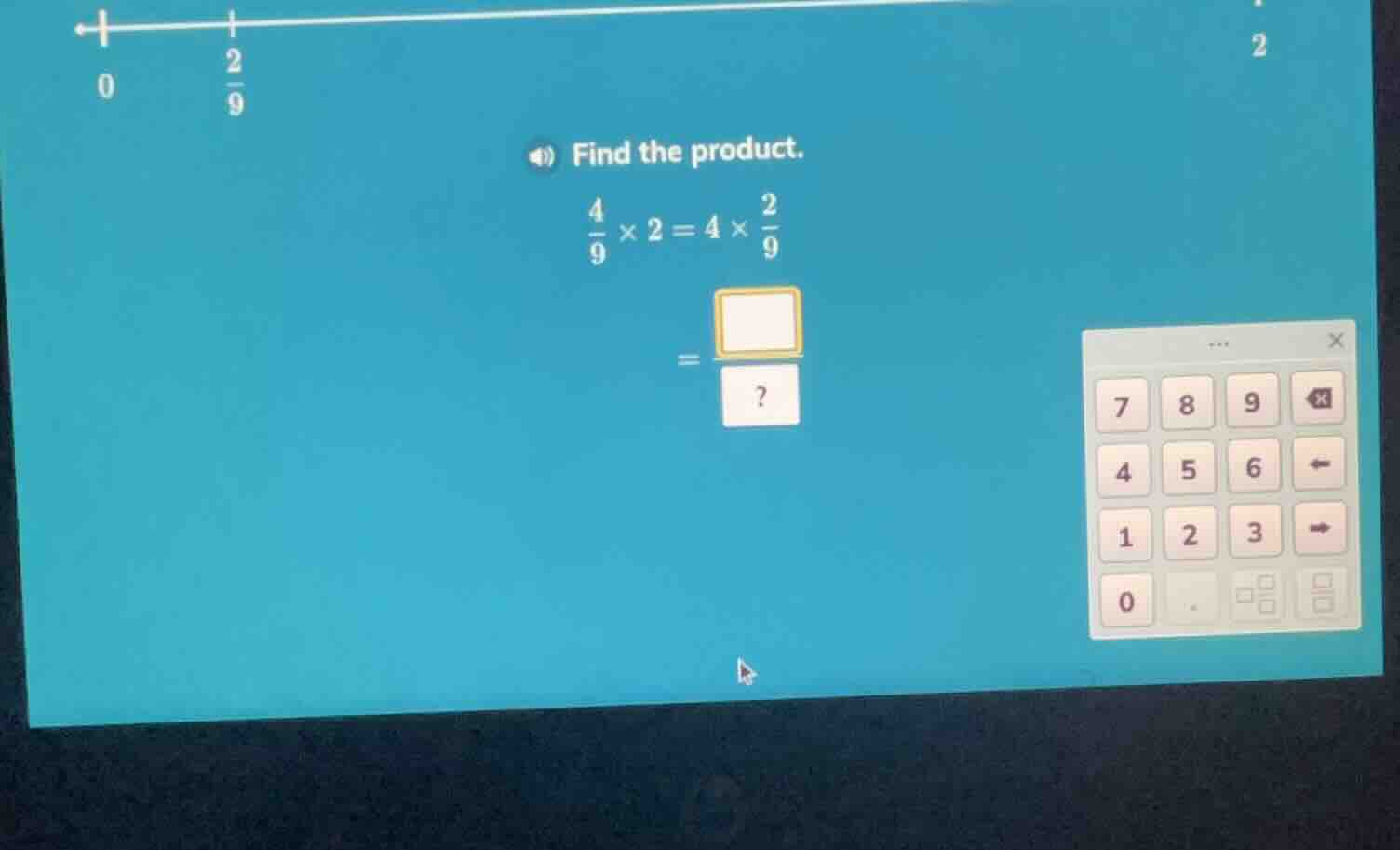 find the product. \\(\\frac{4}{9} \\times 2 = 4 \\times \\frac{2}{9}\\)…