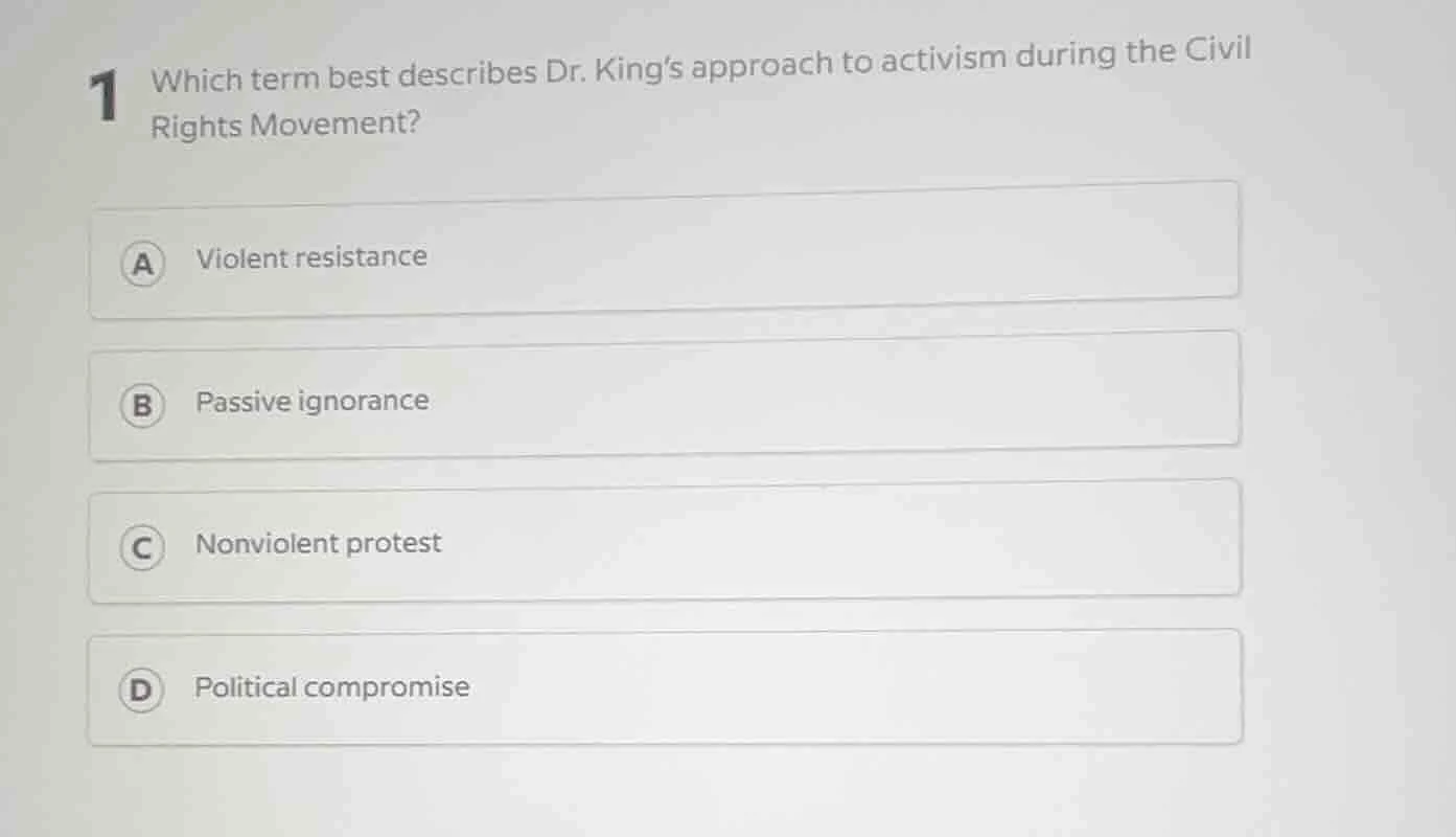1 which term best describes dr. king’s approach to activism during the …