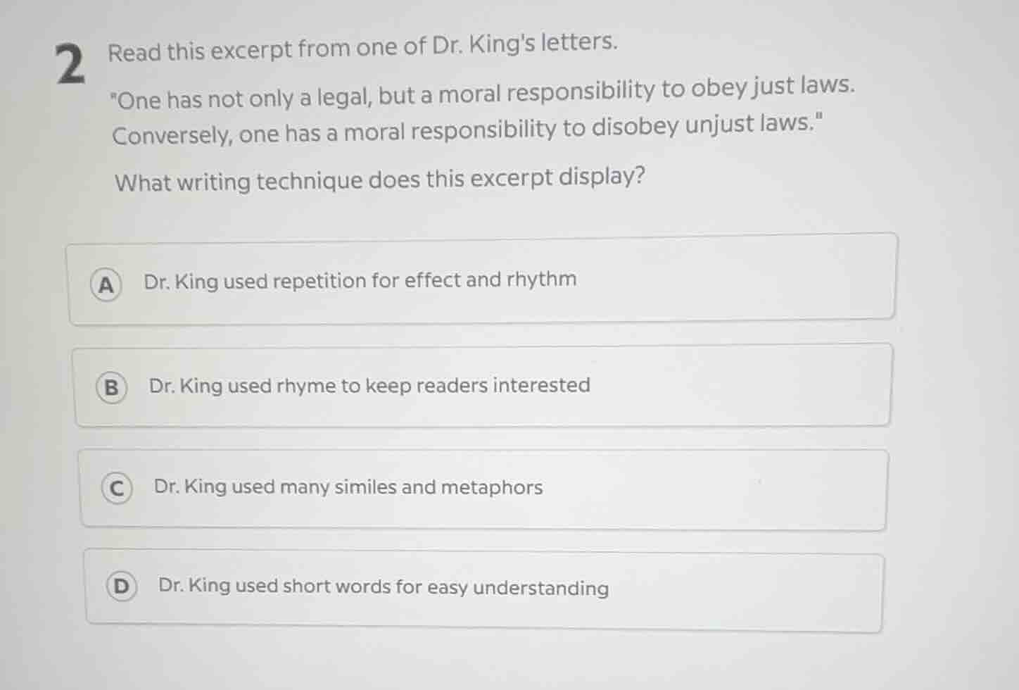 2 read this excerpt from one of dr. kings letters. \one has not only a …