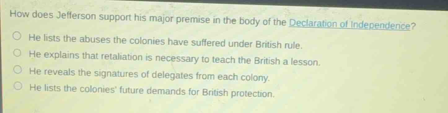 how does jefferson support his major premise in the body of the declara…