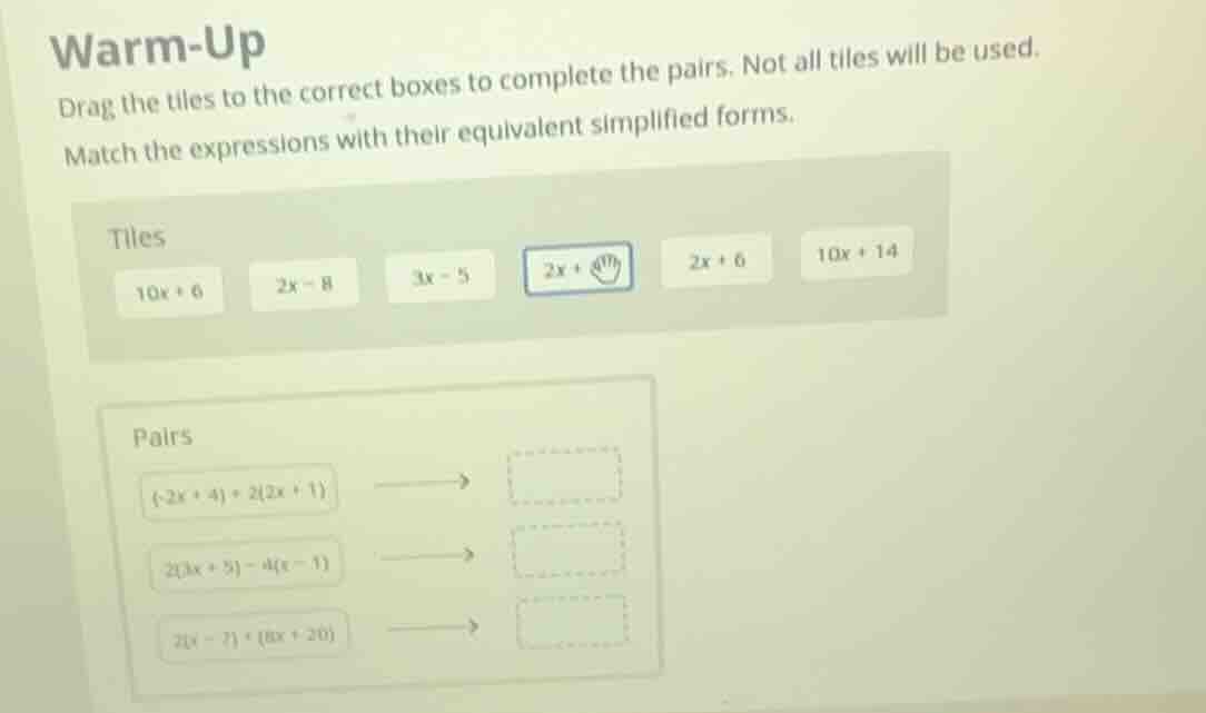 warm-up drag the tiles to the correct boxes to complete the pairs. not …