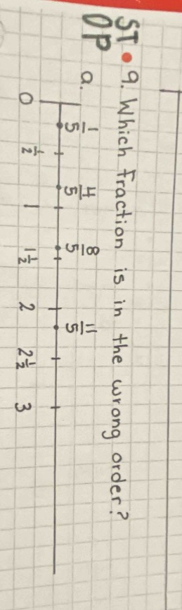 9. which fraction is in the wrong order? -1/5, 4/5, 8/5, 11/5 0, 1/2, 1…