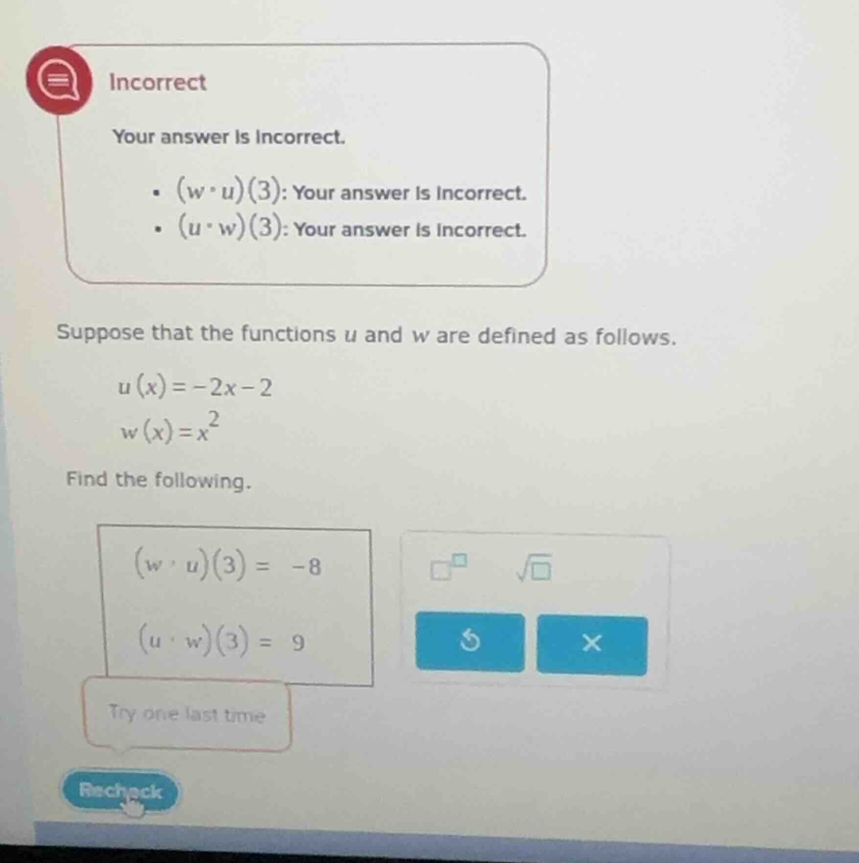 incorrect your answer is incorrect. - (w ∘ u)(3): your answer is incorr…