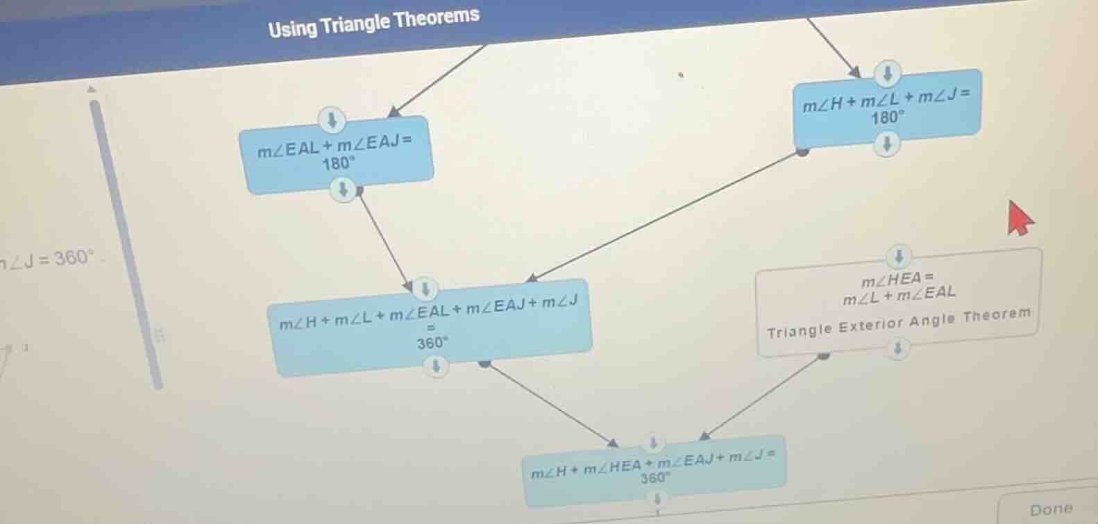 using triangle theorems m∠eal + m∠eaj = 180° m∠h + m∠l + m∠j = 180° m∠h…
