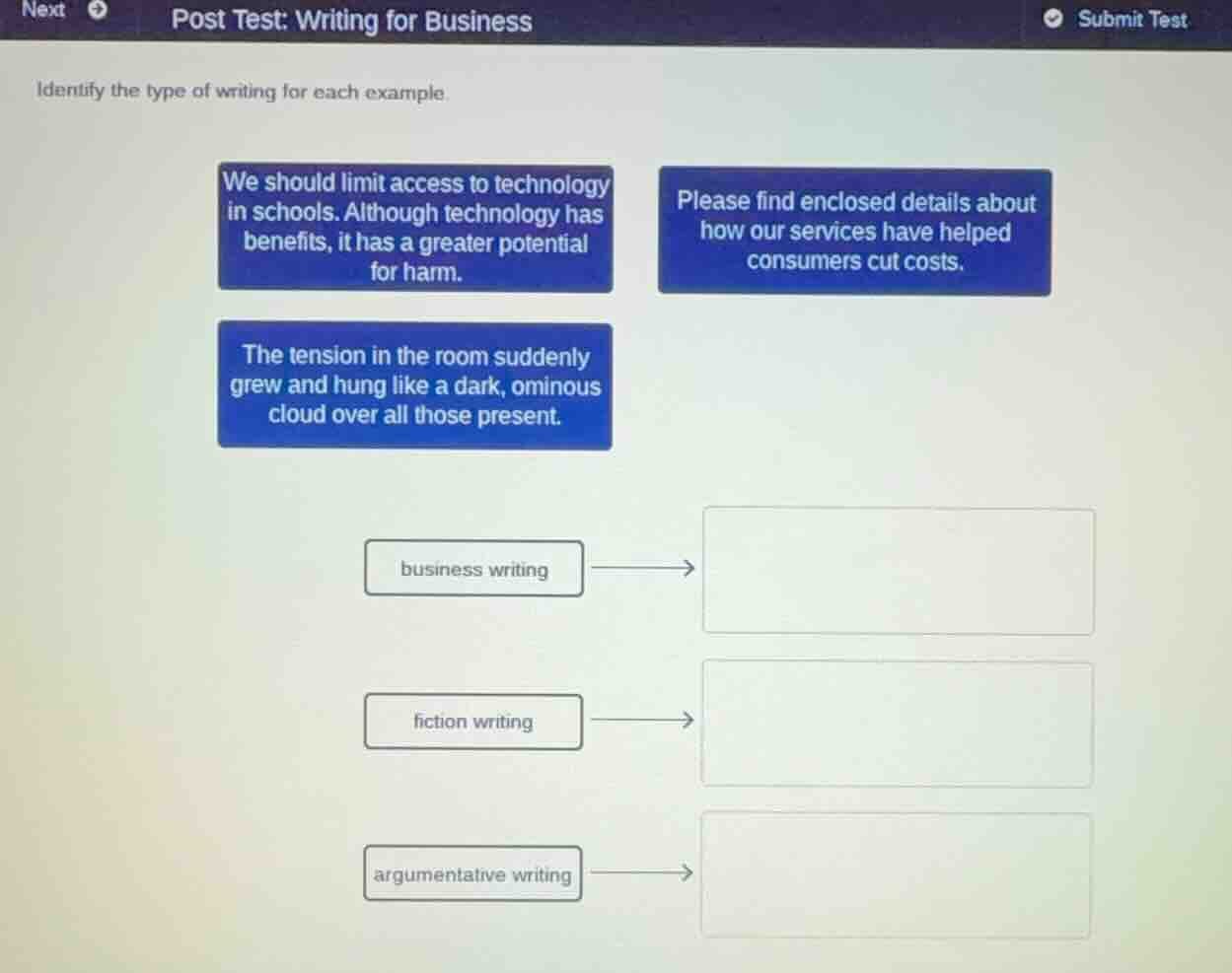 post test: writing for business identify the type of writing for each e…