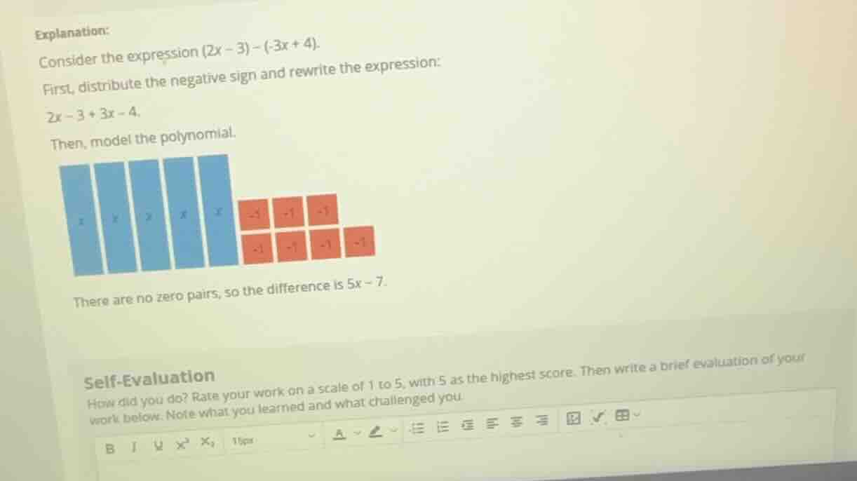 explanation: consider the expression (2x - 3) - (-3x + 4). first, distr…