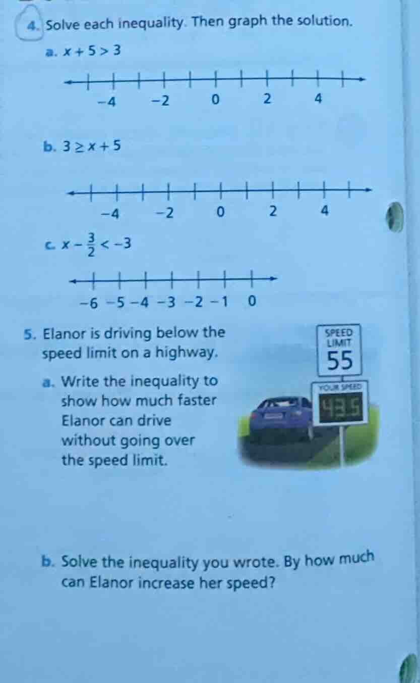 4. solve each inequality. then graph the solution. a. $x + 5 > 3$ -4 -2…