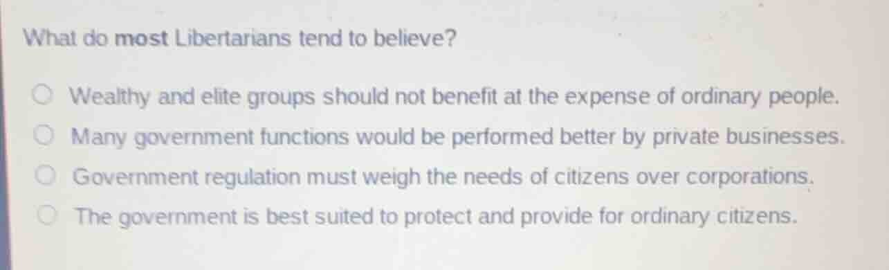 what do most libertarians tend to believe? ○ wealthy and elite groups s…