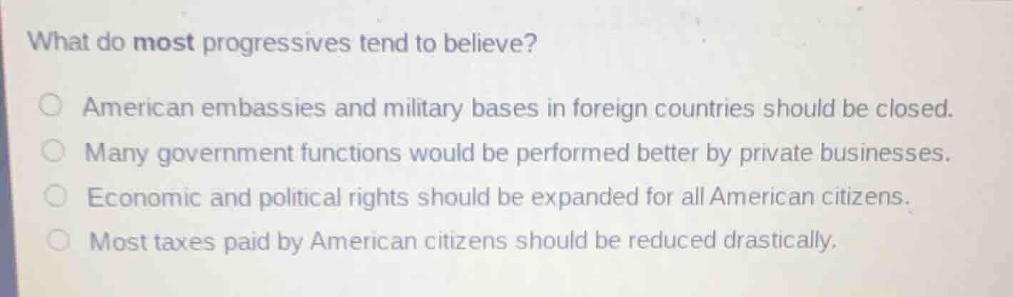 what do most progressives tend to believe? ○ american embassies and mil…