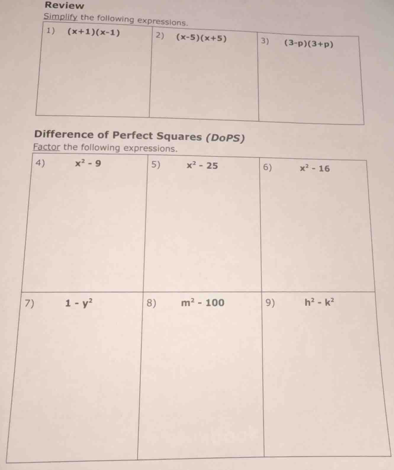 review simplify the following expressions. 1) (x+1)(x-1) 2) (x-5)(x+5) …