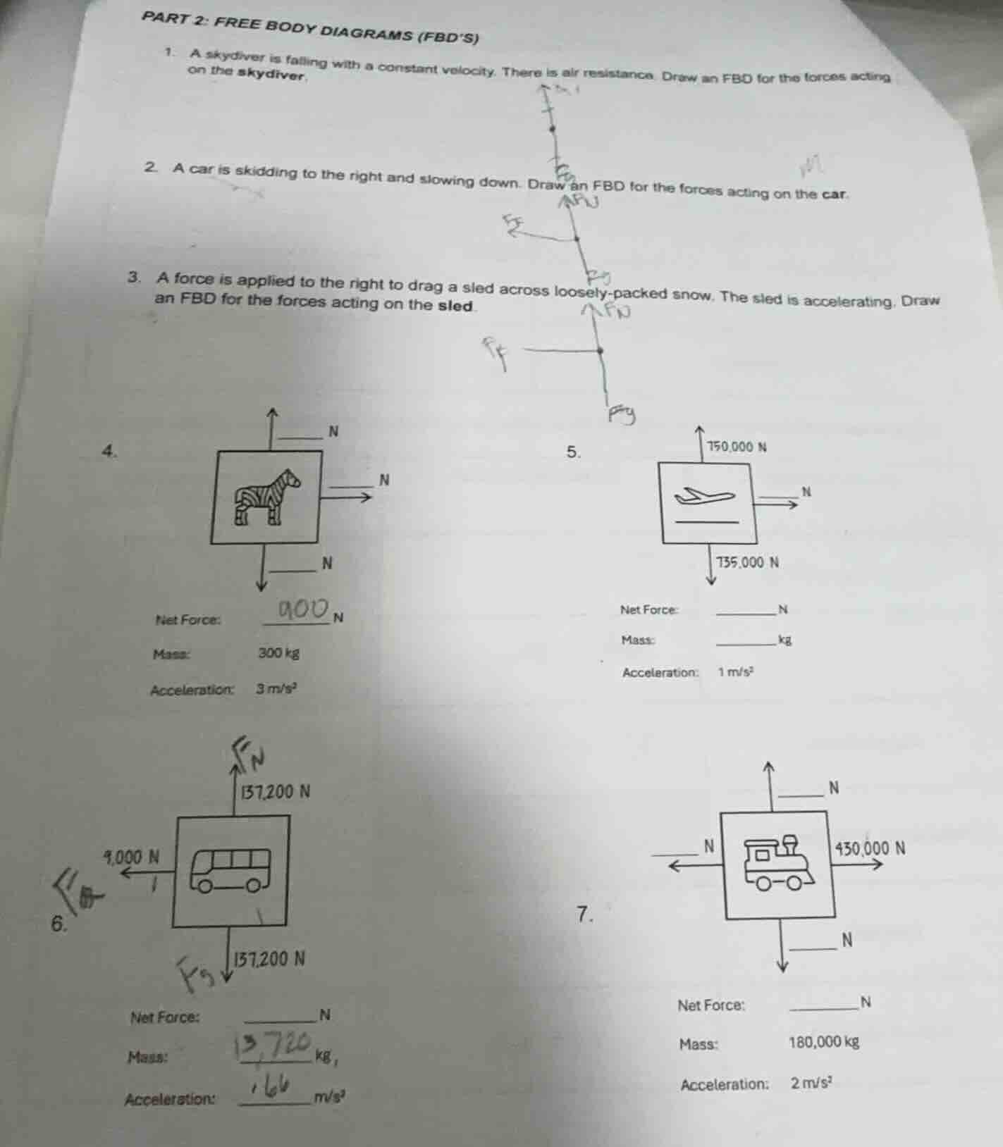 part 2: free body diagrams (fbds) 1. a skydiver is falling with a const…