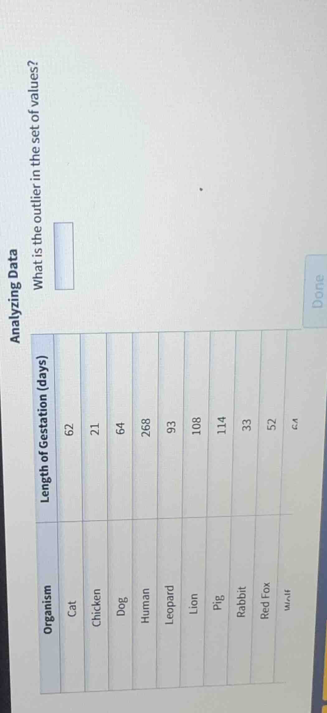 analyzing data what is the outlier in the set of values? organism | len…
