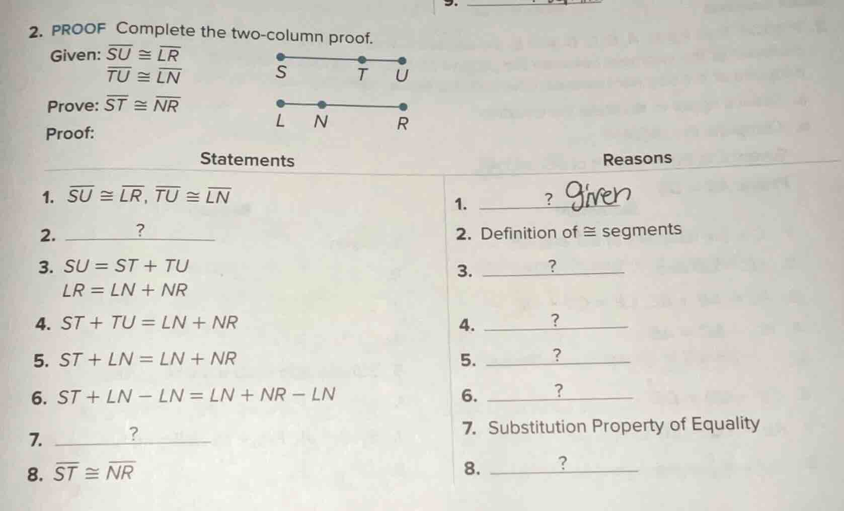2. proof complete the two - column proof. given: $overline{su} \\cong \…