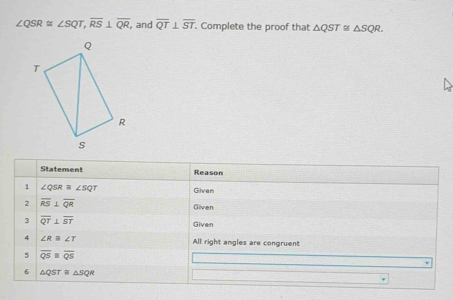 $\\angle qsr \\cong \\angle sqt$, $\\overline{rs} \\perp \\overline{qr}…