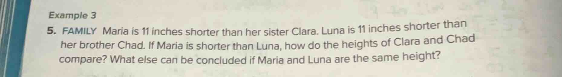 example 3 5. family maria is 11 inches shorter than her sister clara. l…