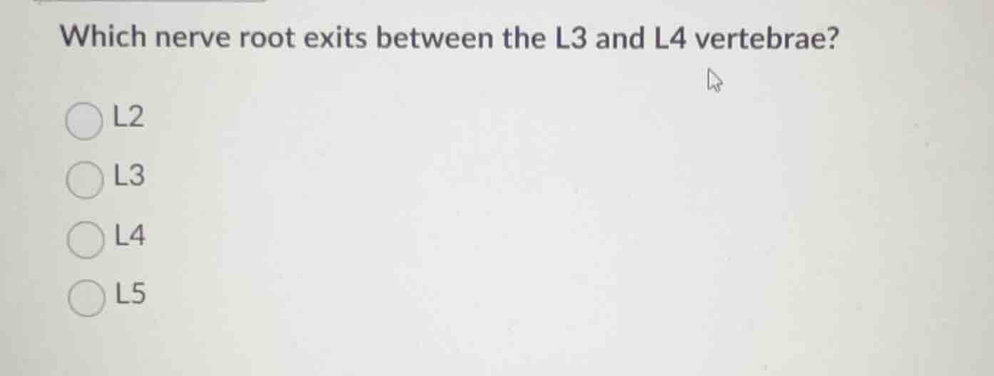 which nerve root exits between the l3 and l4 vertebrae? l2 l3 l4 l5