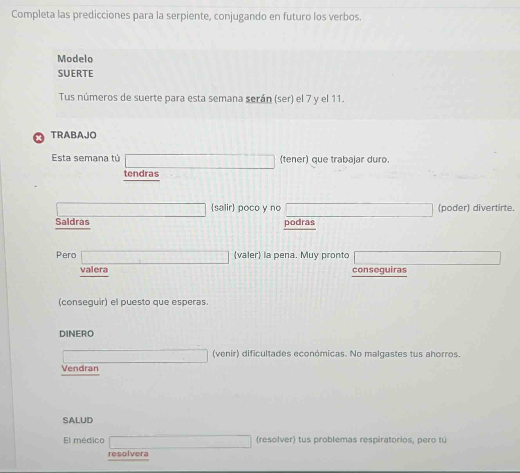 completa las predicciones para la serpiente, conjugando en futuro los v…