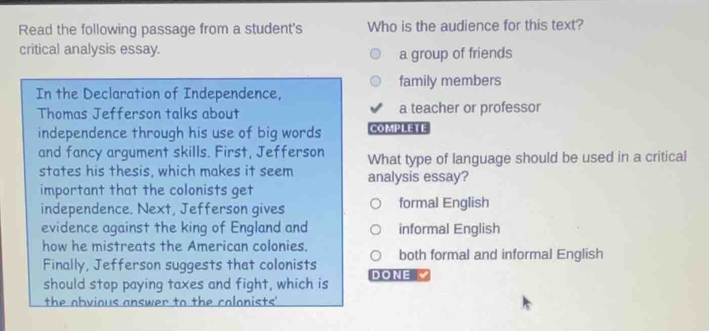 read the following passage from a students critical analysis essay. in …