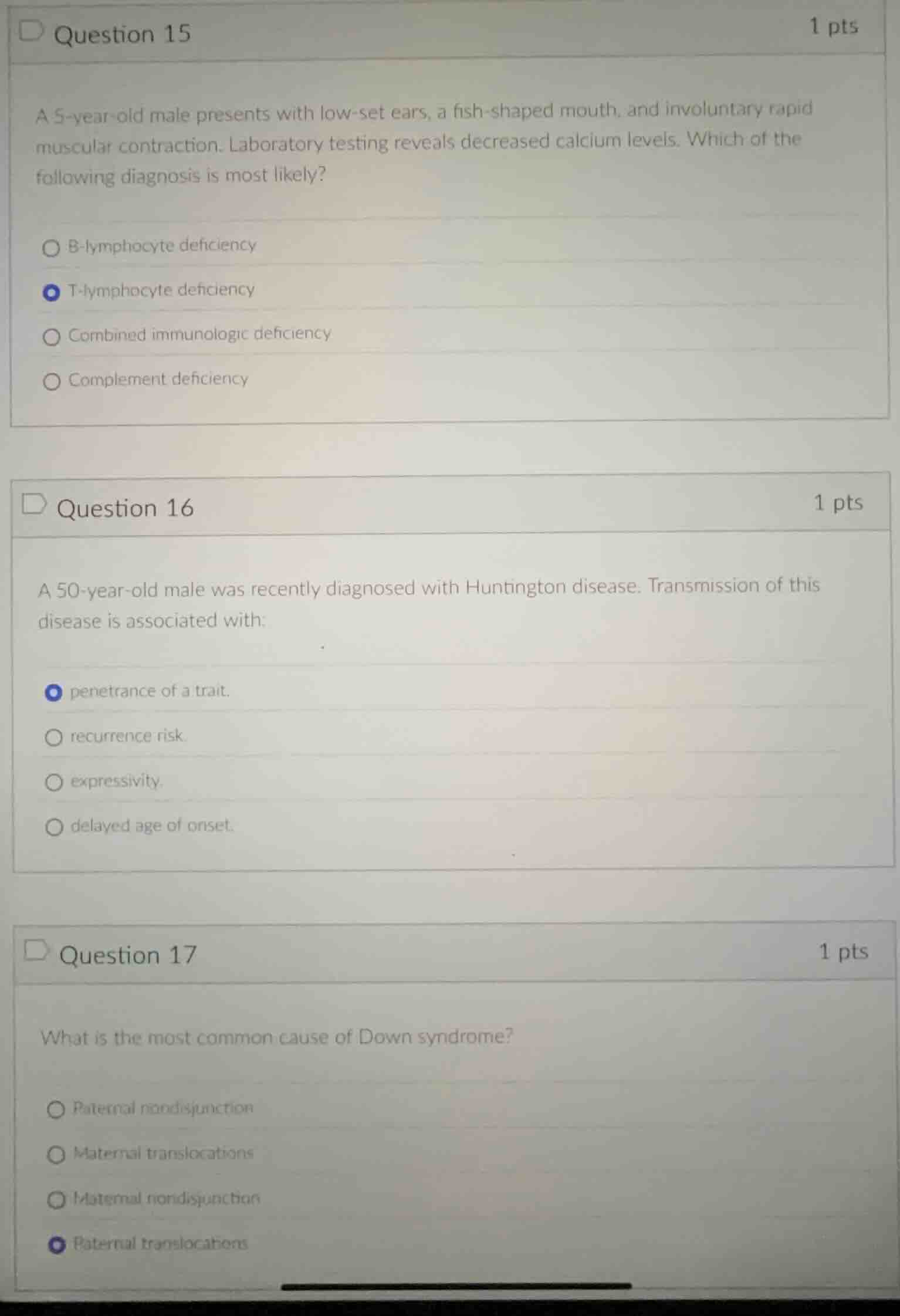 question 15 1 pts a 5-year-old male presents with low-set ears, a fish-…