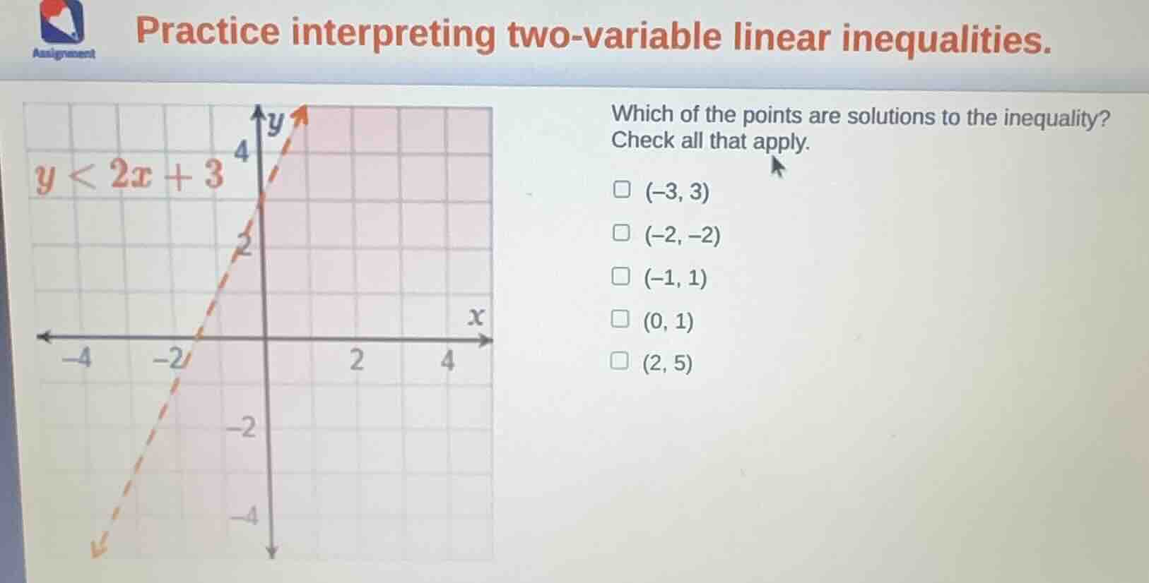 practice interpreting two - variable linear inequalities. y < 2x + 3 wh…