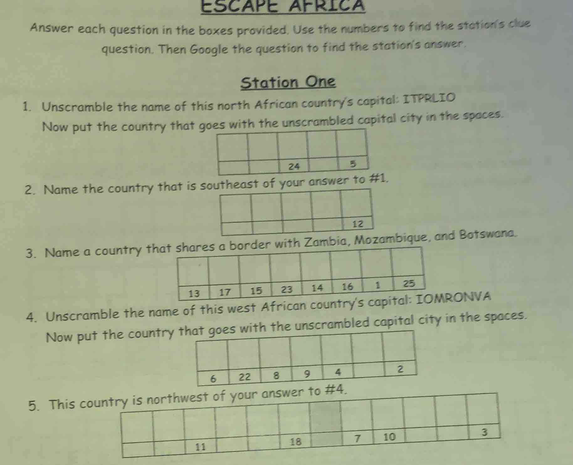 escape africa answer each question in the boxes provided. use the numbe…