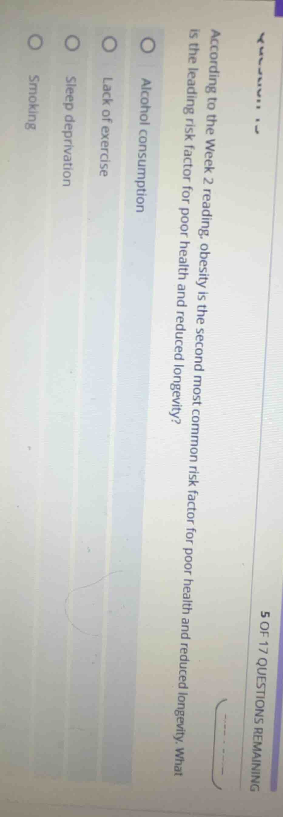 according to the week 2 reading, obesity is the second most common risk…