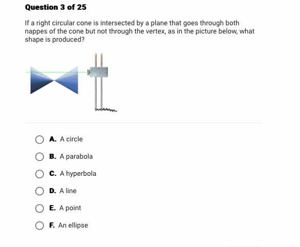 question 3 of 25 if a right circular cone is intersected by a plane tha…