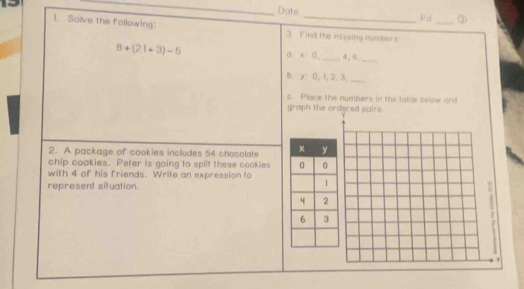 1. solve the following: $8 + (21 + 3) - 5$ 2. a package of cookies incl…