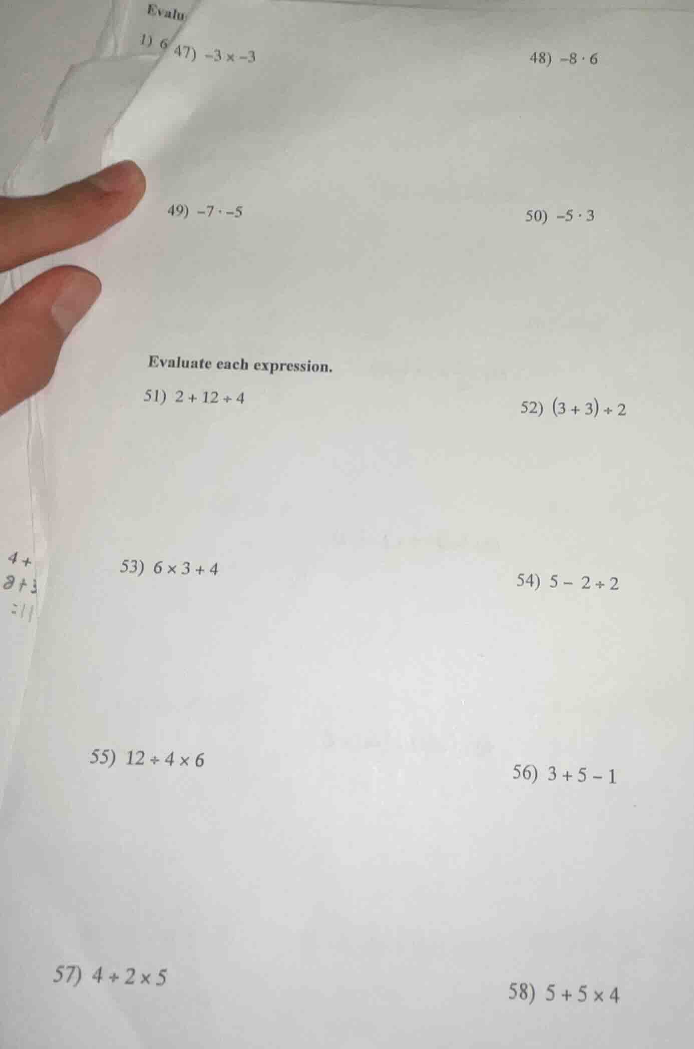 evaluate each expression. 47) $-3 \\times -3$ 48) $-8 \\cdot 6$ 49) $-7…