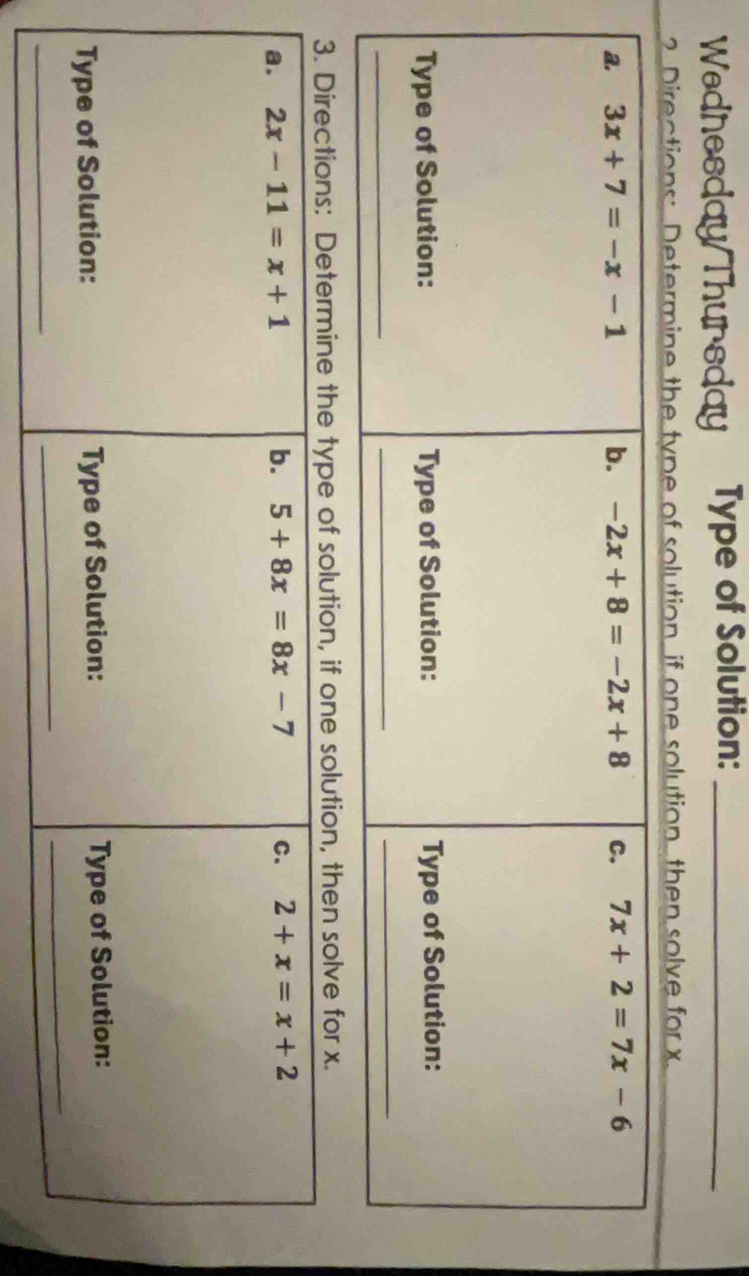 wednesday/thursday type of solution: directions: determine the type of …