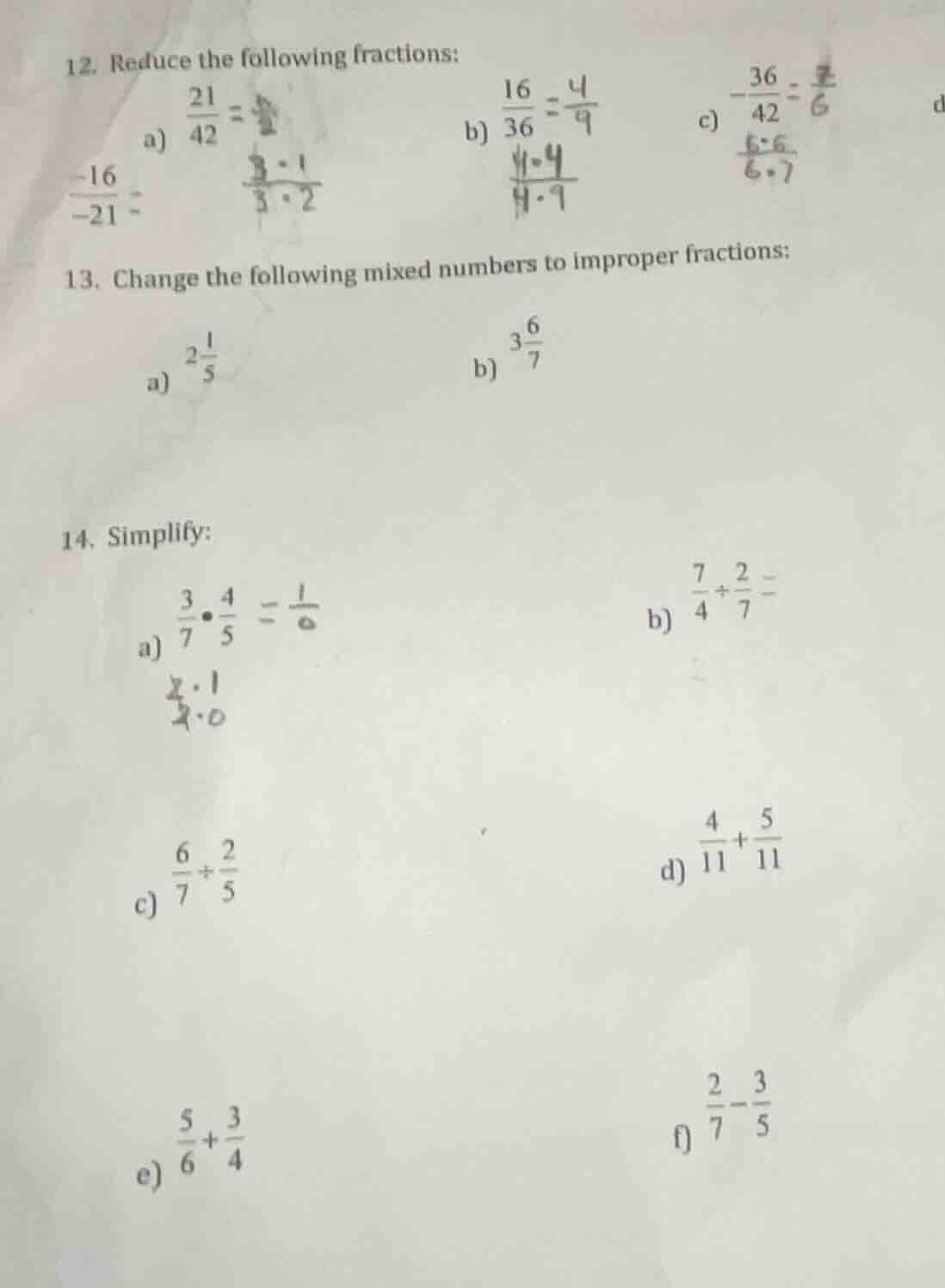 12. reduce the following fractions: a) \\(\\frac{21}{42}\\) b) \\(\\fra…