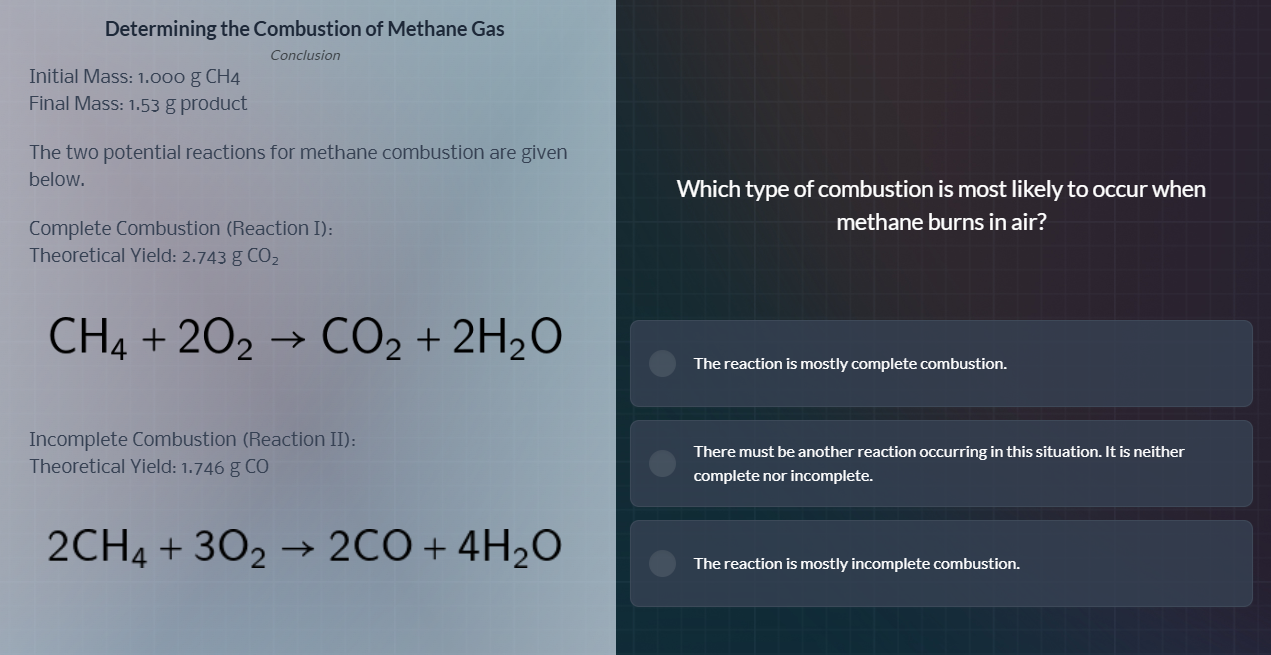 determining the combustion of methane gas conclusion initial mass: 1.00…