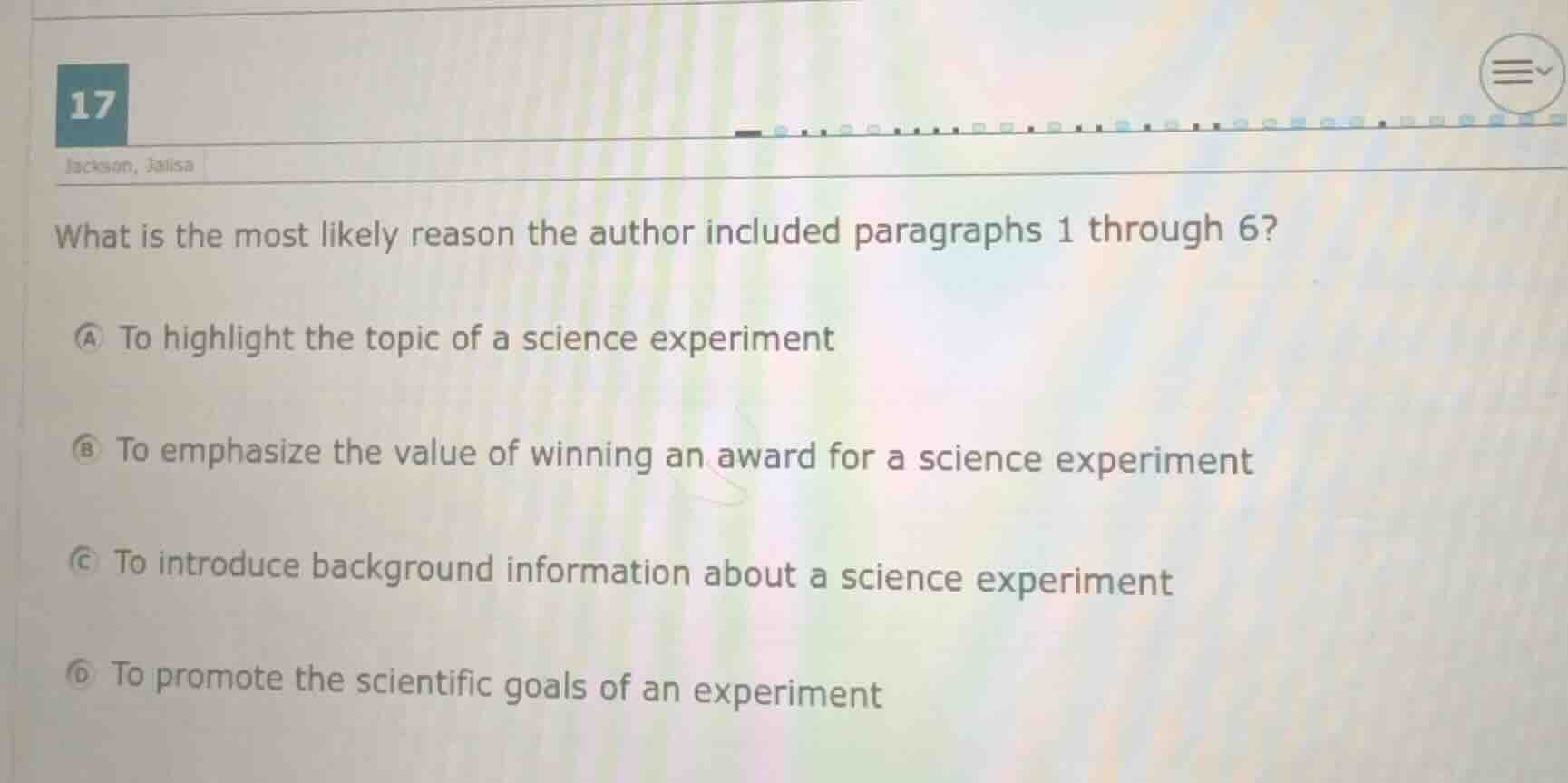 17 jackson, jalisa what is the most likely reason the author included p…