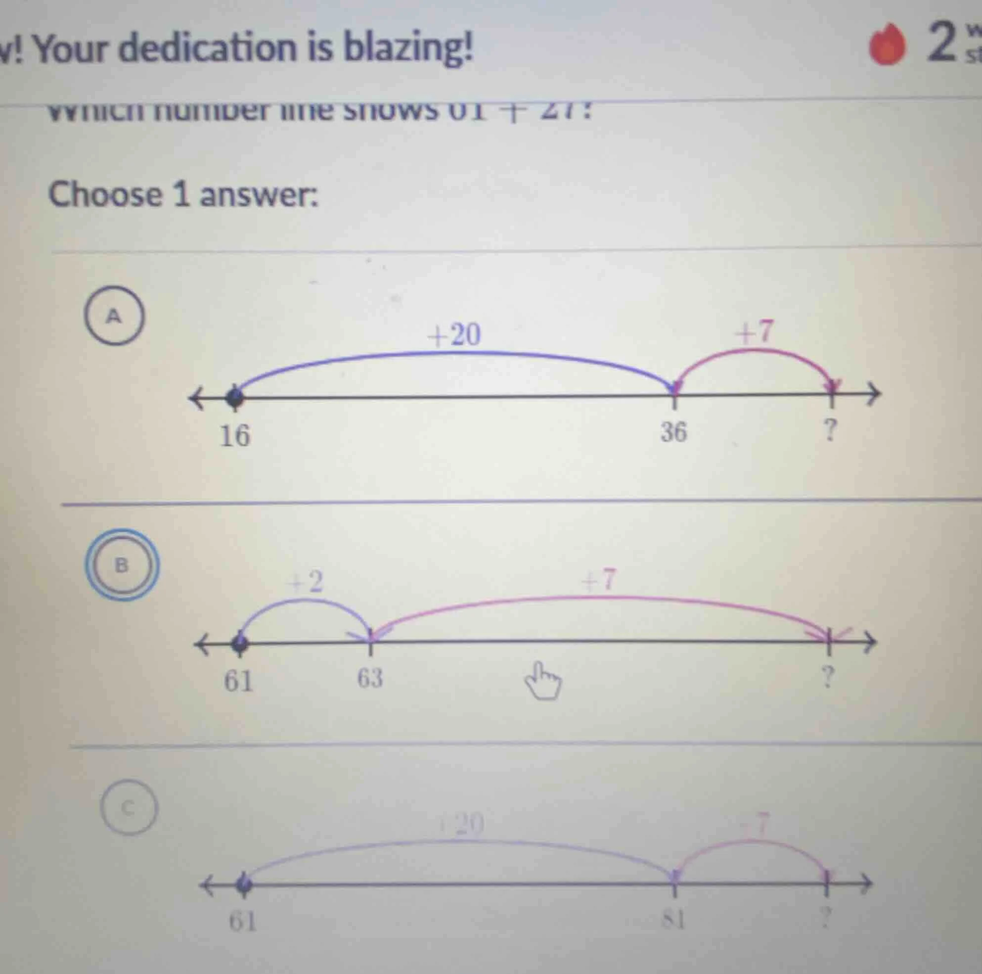 which number line shows 61 + 27? choose 1 answer: a: number line with 1…