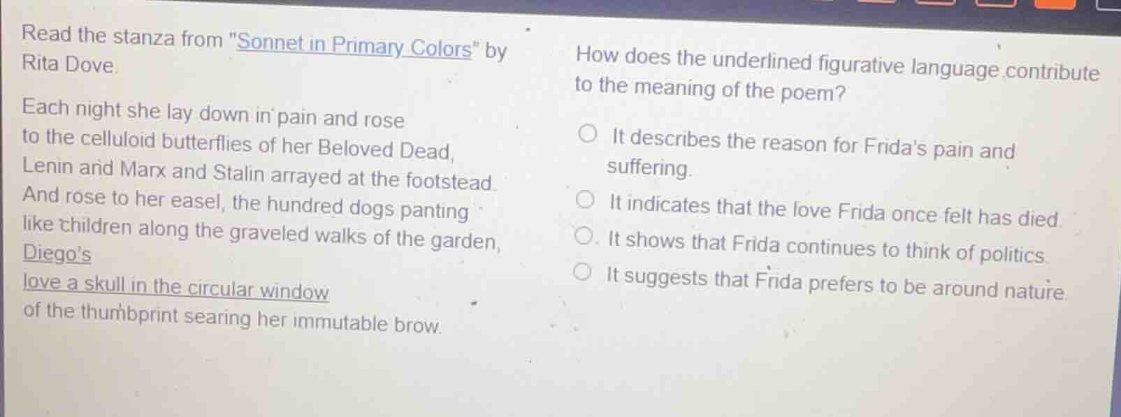 read the stanza from \sonnet in primary colors\ by rita dove. each nigh…