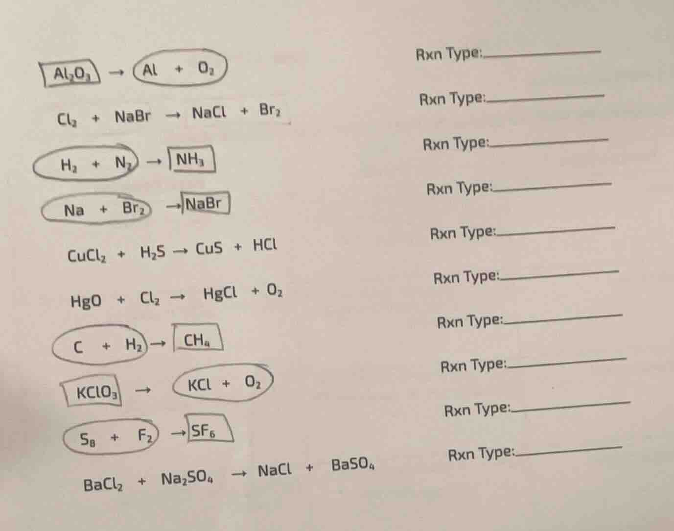 al₂o₃ → al + o₂ cl₂ + nabr → nacl + br₂ h₂ + n₂ → nh₃ na + br₂ → nabr c…
