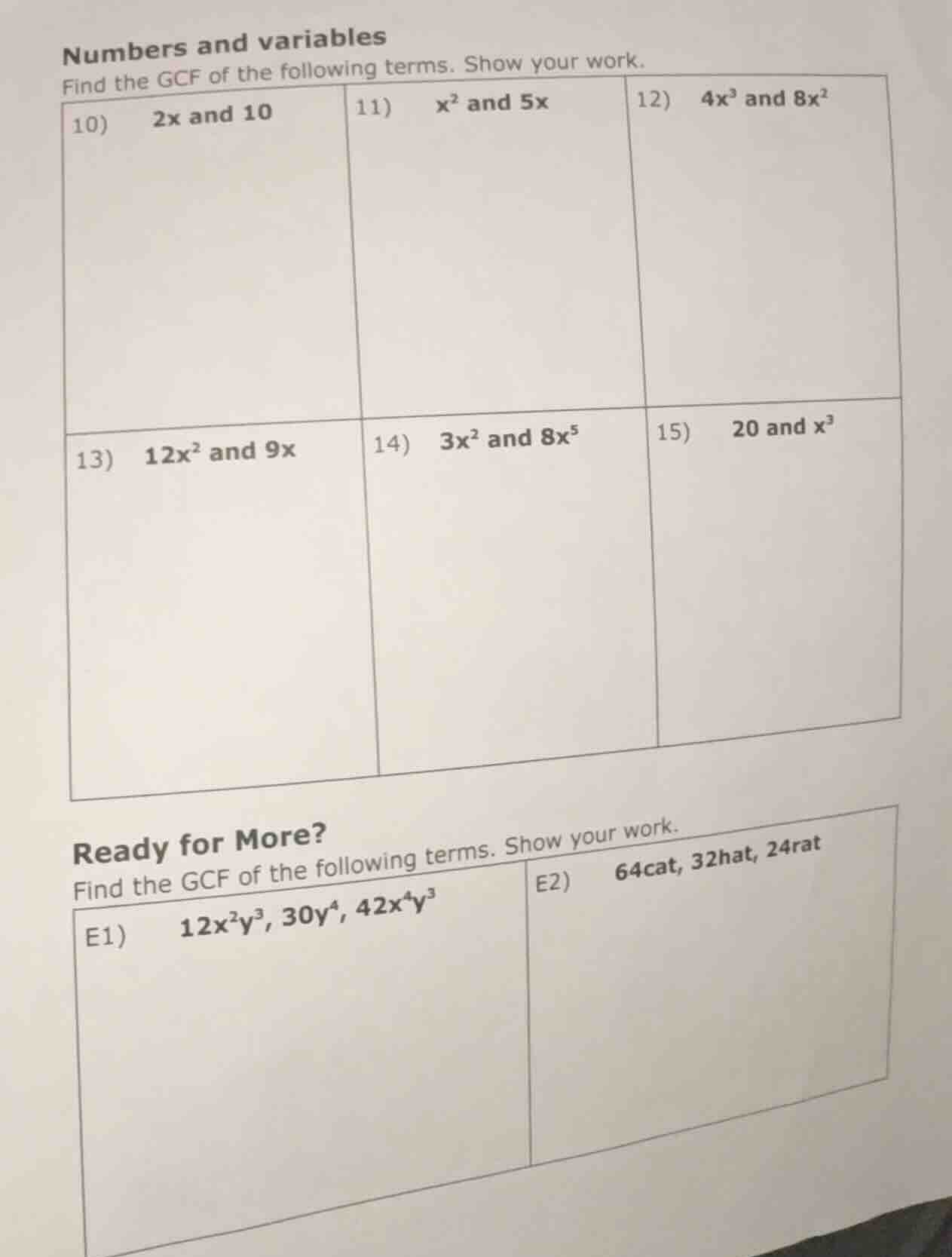 numbers and variables find the gcf of the following terms. show your wo…